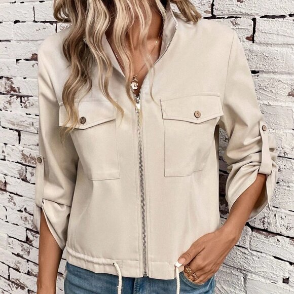 Apricot Casual Womens Flap Pocket Roll Tab Sleeve Drawstring Hem Zip Up Jacket - Picture 4 of 5